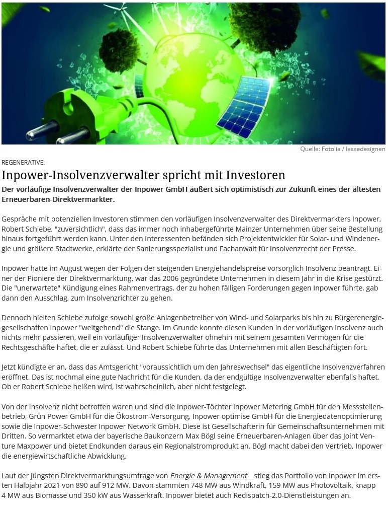 Energie & Management Magazin Berichtet: Inpower-Insolvenzverwalter Spricht Mit Investoren
