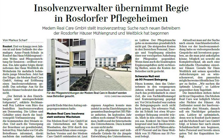 Göttinger Tageblatt: Insolvenzverwalter übernimmt Regie In Rosdorfer Pflegeheimen