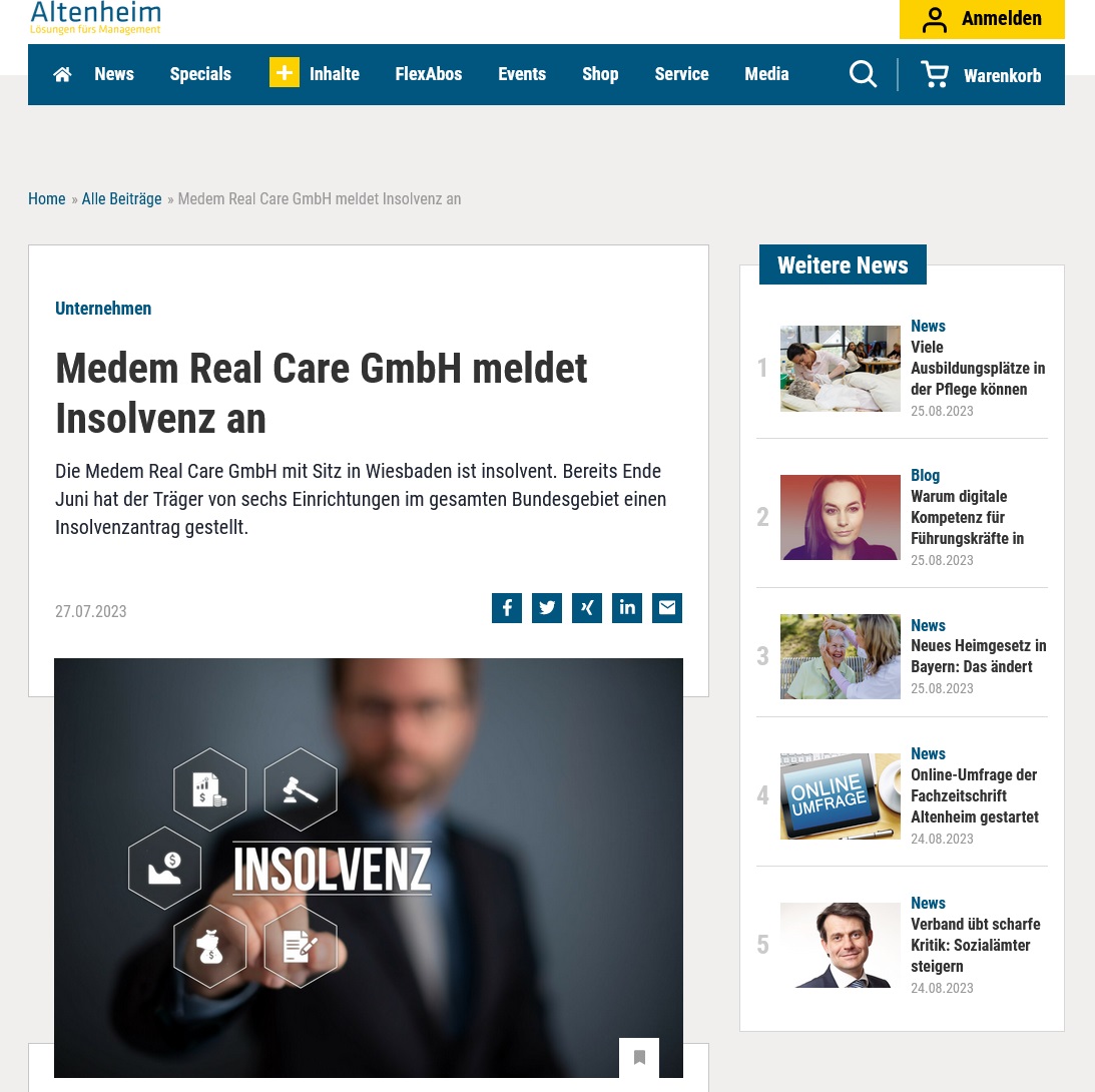 Altenheim.net: Medem Real Care GmbH Meldet Insolvenz An